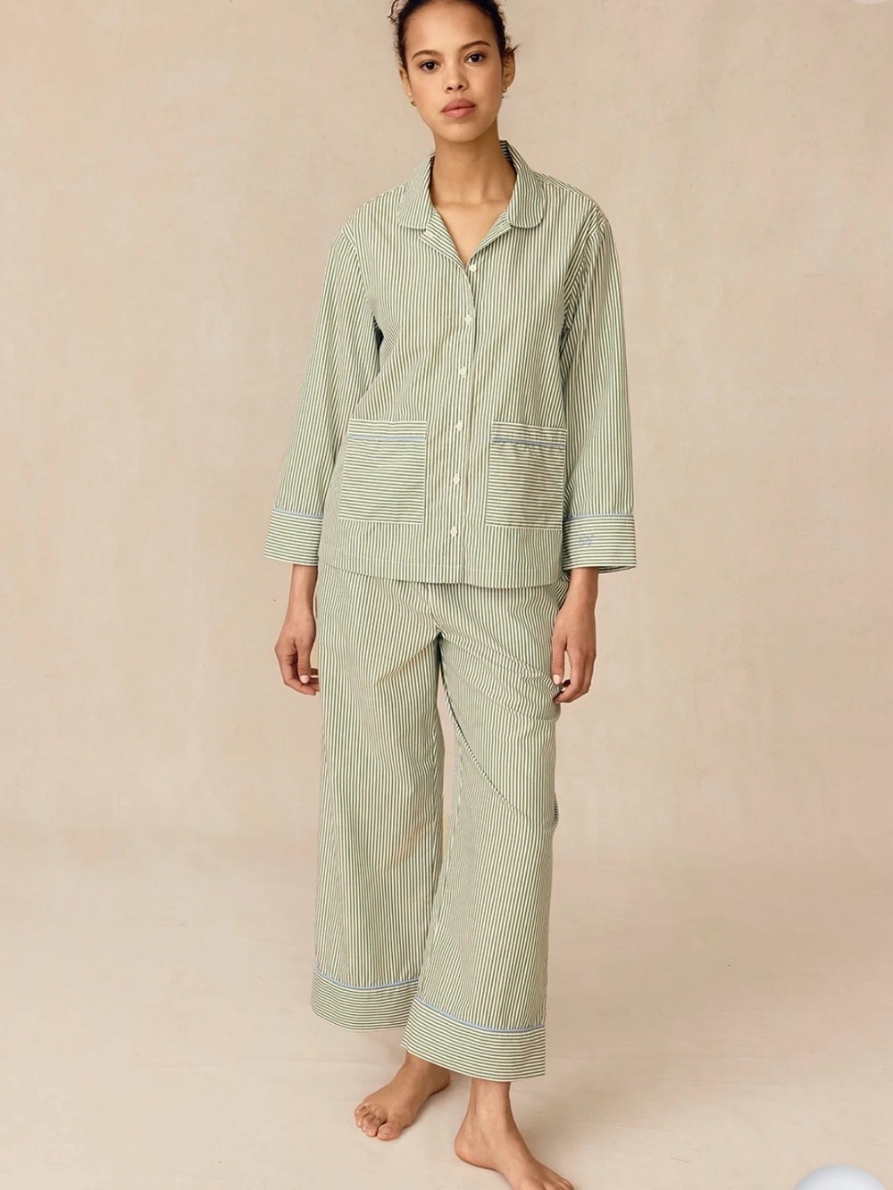 Striped Button-Up Pajama Set in Light Green